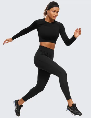 Vista 3 de CRZ YOGA Camisas de manga larga sin costuras para mujer, acanaladas, camisetas de entrenamiento atléticas, camisetas cortas para correr, gimnasio