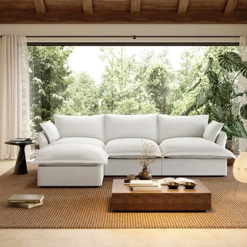 Vista 19 de Sofá modular de mezcla de lino para sala de estar, cómodo sofá modular con relleno de plumón, moderno sofá cama convertible con asiento profundo