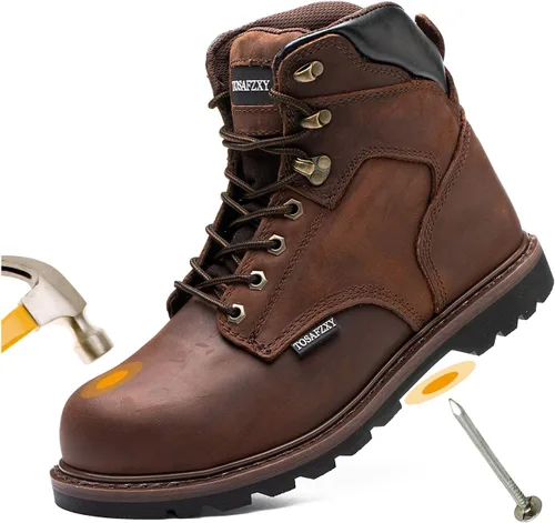 Vista 11 de Botas de seguridad laboral para hombre, de cuero Crazy-Horse duradero, con puntera de acero indestructible, impermeables y antideslizantes, mejor