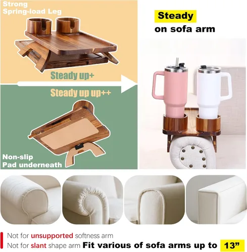 Vista 8 de Nnewvante Mesa de Brazo de Sofá con Tabla de Quesos, 4 en 1 Grande 15.7"x9.85" Madera de Acacia Bandeja con Clip para Brazo de Sofá con 360°