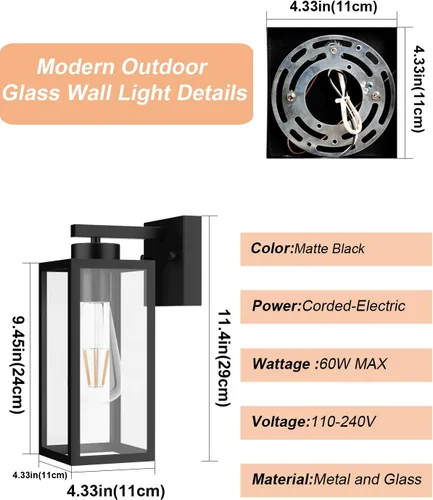 Vista 7 de Tipace Farol de pared para exteriores del atardecer al amanecer, con sensor negro mate, aplique de pared exterior con pantalla de vidrio