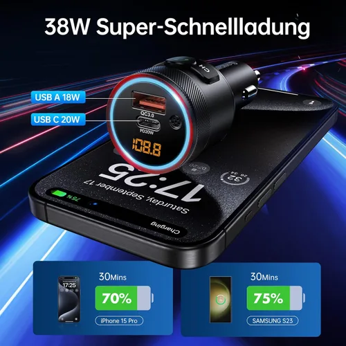 Vista 4 de Syncwire Transmisor FM Bluetooth 5.4 para coche, 38 W PD y QC3.0 Dual USB Carga Bluetooth Adaptador de coche Micrófono y sonido de graves MP3