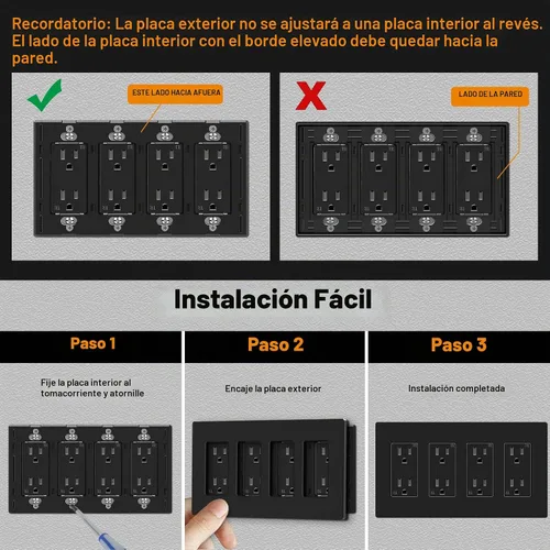 Vista 7 de CML Placa de Pared Decorativa Negra de 4 Posiciones Sin Tornillos, Paquete de 4 Placas de Interruptor de Luz y Cubierta Frontal para Receptáculo