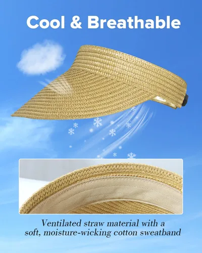 Vista 5 de Beach Sun Visor Hats for Women, Wide Brim UPF50+ Protection Straw Hat Packable Foldable Summer Beige