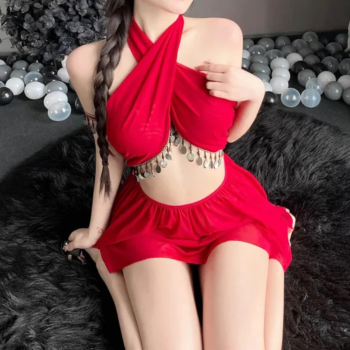 Vista 7 de Lencería sexy para mujer, cuello halter, tanga dividida, salida de baño, exótico, travieso, babydoll para cosplay, disfraz sexual