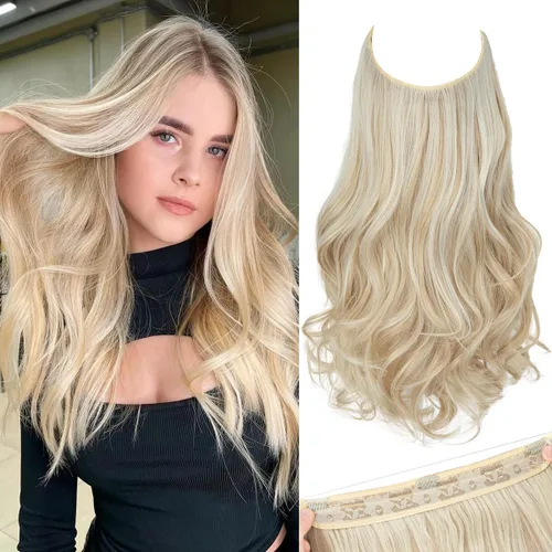Vista 28 de SARLA Extensiones de cabello con alambre invisible con 3 clips, postizo sintético corto, ondulado, rizado, diadema ajustable transparente