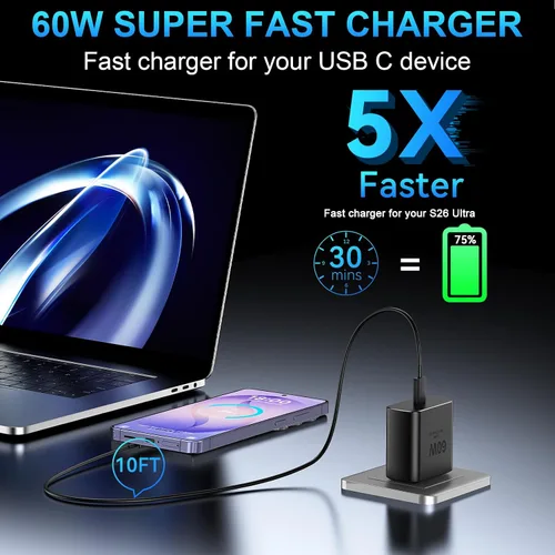 Vista 4 de 60W Super Fast Charger USB C, Type C Android Phone Charger Fast Charging Negro