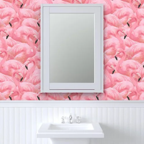 Vista 9 de Papel tapiz para despegar y pegar, flamenco, rosa, pájaros, flamencos, isla de flamencos, verano, retro, extraíble, por Spoonflower