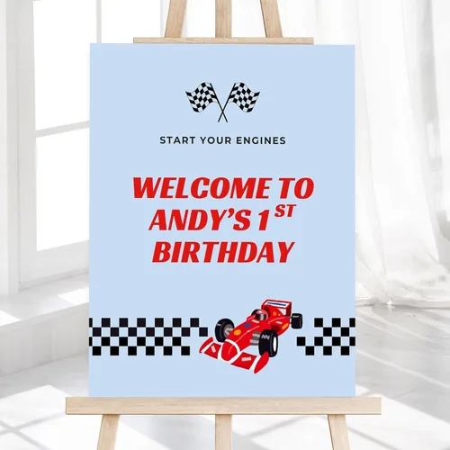 Vista 5 de Race Car Birthday Welcome Sign for Boys, Custom Racing Truck Theme Party Decoration, Personalized Red Sports Car Poster, Kid’s Age Banner for Race