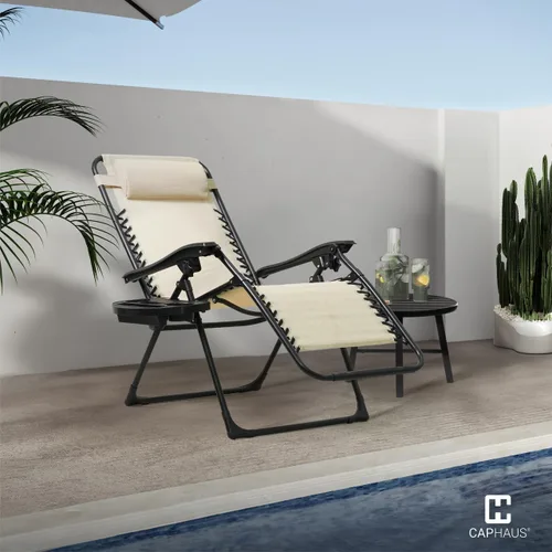 Vista 9 de CAPHAUS Silla reclinable beige Zero Gravity para exteriores, reclinable de gravedad cero, silla antigravedad para interiores y exteriores, silla