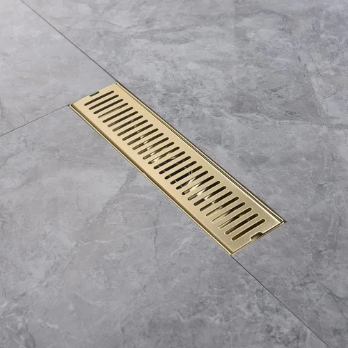 Vista 2 de Desagüe lineal de ducha dorado cepillado de 12 pulgadas, rejilla rectangular extraíble con patrón de cápsula de drenaje de ducha con adaptador