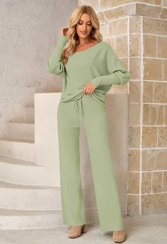 Vista 2 de Meenew Womens Long Sleeve Knit Pullover Sweater Wide Leg Pants Outfits 2 Piece Sweatsuit Knitted Lounge Set