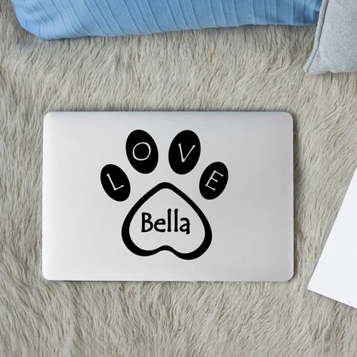 Vista 2 de Calcomanía de pata de perro con letrero de amor y nombre personalizado, nombre de perro de pata e inscripción de amor para parachoques de automóvil