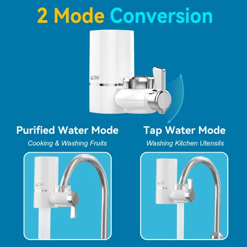 Vista 5 de ALTHY Filtro de agua para grifo, purificador de agua sin BPA, certificado que reduce el cloro, metales pesados y mal sabor, solo se adapta a grifo