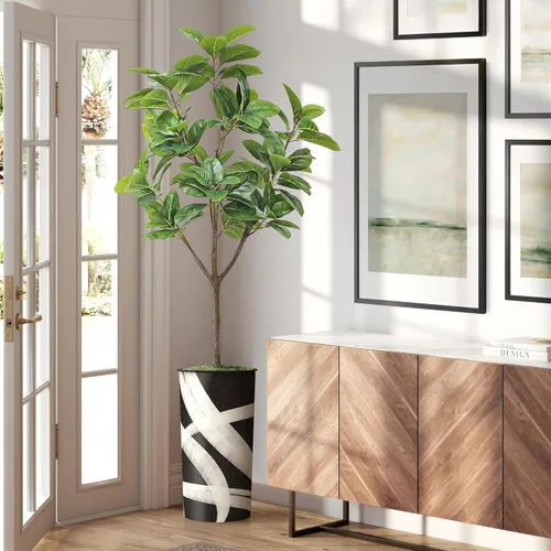 Vista 8 de Árbol artificial en macetero con patrón geométrico, palmera tropical areca artificial de seda para decoración del hogar en interiores y exteriores