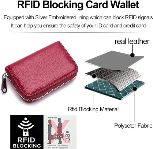 Vista 6 de Tarjetero RFID de cuero genuino para tarjetas de crédito con cremallera, Moderno
