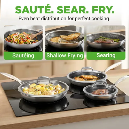 Vista 8 de NutriChef Juego de 6 sartenes de acero inoxidable de tres capas, sartenes antiadherentes de 8, 10 y 12 pulgadas con tapas, compatibles