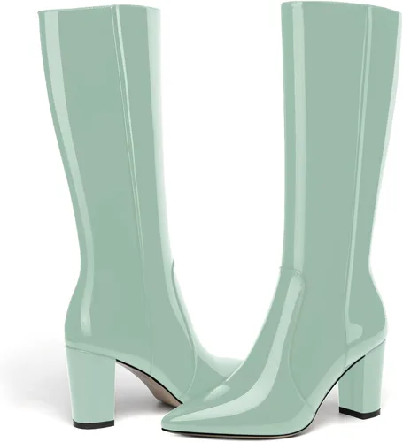 Vista 160 de AMBELIGHT Botas altas hasta la rodilla con cremallera y puntera puntiaguda para mujer, de patente sólida, tacón alto, 3.3 pulgadas