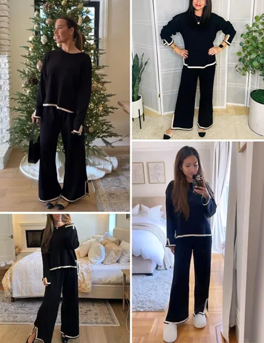 Vista 5 de Himosyber Conjunto de suéter de 2 piezas para mujer, sudadera de punto sin botones y pantalones deportivos