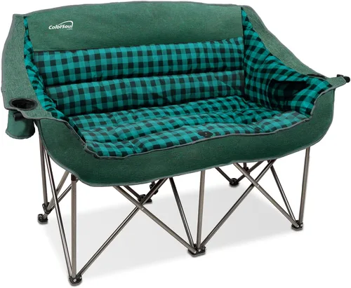 Vista 11 de Silla de campamento plegable doble totalmente acolchada, sofá de campamento de gran tamaño para 2 personas, sofá con soporte para tazas, soporte