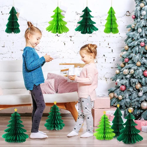 Vista 2 de 6 piezas de árbol de Navidad de panal, tres tamaños de papel 3D de Navidad colgantes para decoración de árbol de Navidad, suministros de fiesta