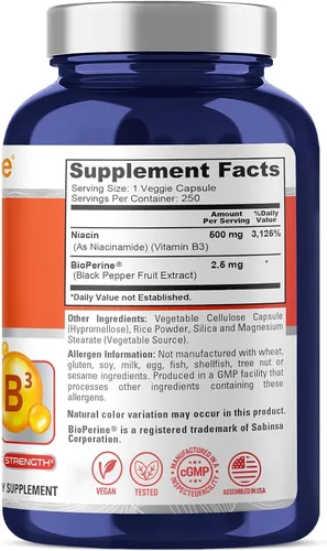 Vista 3 de NusaPure Niacina sin enjuague, vegana 500 mg, 250 cápsulas vegetarianas - 250 porciones