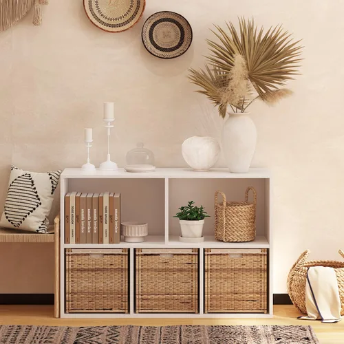 Vista 6 de Organizador de almacenamiento de 5 compartimentos de madera con panel trasero cerrado, estante de cubos negro resistente, organizador