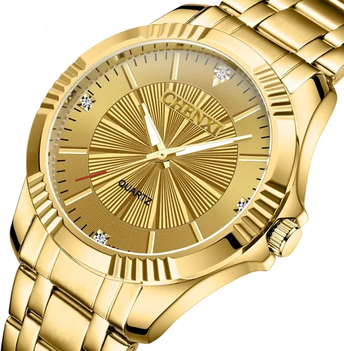 Vista 2 de Reloj de acero inóxidable dorado con cristales estilo clásico para hombre Fq-005