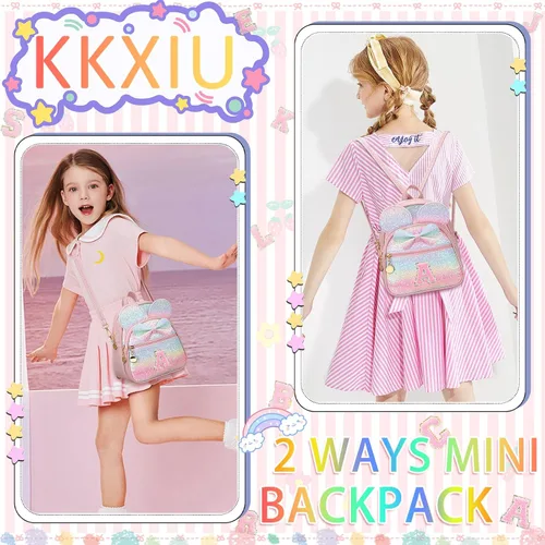 Vista 5 de KKXIU Mochilas Mini con Moño Inicial para Niñas y Mujeres, Linda Mochila Pequeña con Asa de Bolso, Regalos Personalizados para Niños, Arcoíris