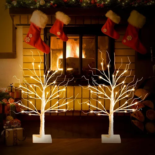 Vista 2 de Árbol de abedul blanco con luces LED, árbol de abedul iluminado para mesa, funciona con 24 luces LED USB o pilas, árbol blanco cálido, mini