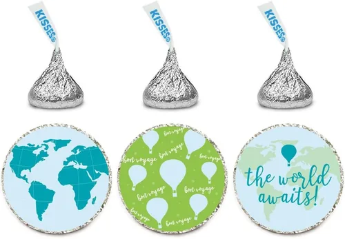 Vista 10 de Andaz Press Colección de fiesta de mapa del mundo de aventura en globo aerostático, azul y verde, pancarta colgante personalizada con cuerda