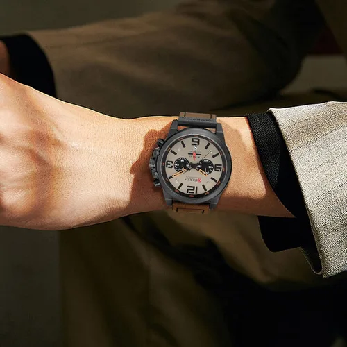Vista 6 de Reloj de acero inoxidable con correa de cuero, estilo clásico, casual, resistente al agua, cronógrafo, fecha, y cuarzo analógico