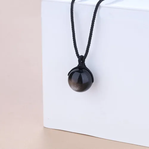 Vista 4 de COAI Collar con colgante de piedra de obsidiana brillante de plata con cuentas redondas