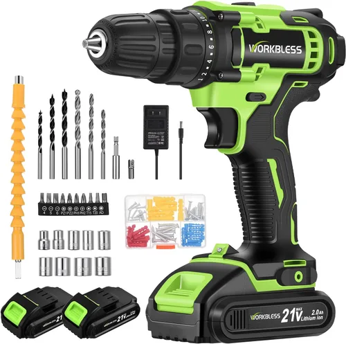 Vista 12 de WORKBLESS Juego de Taladro Eléctrico de 21V, Taladro Inalámbrico con Batería y Cargador, Portabrocas sin Llave de 3/8'', Velocidad Variable