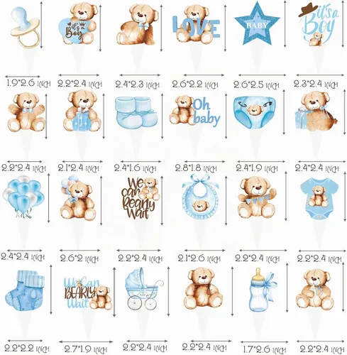 Vista 3 de 48 piezas de decoración para cupcakes con texto en inglés «We Can Bearly Wait» (We Can Wait Cupcake Toppers - Oso de peluche con brillantina)