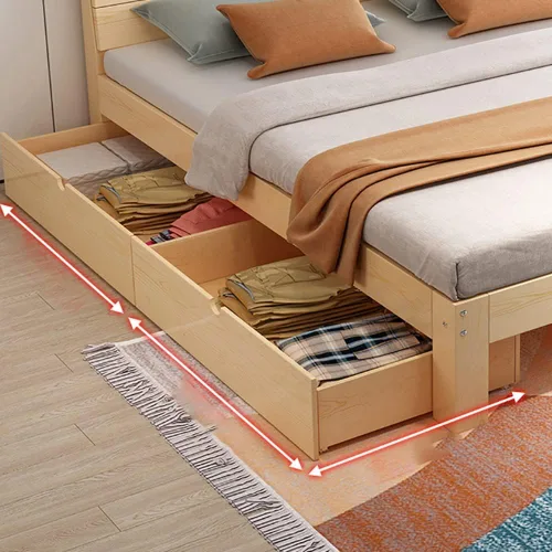 Vista 3 de LITFAD Base de cama de plataforma de madera de pino contemporánea, marco de cama natural con cabecero, listones de madera de soporte