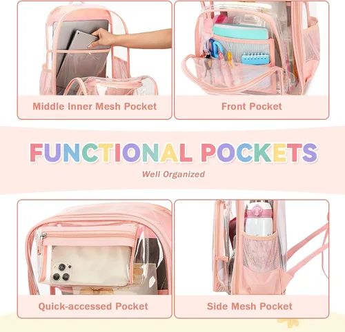 Vista 4 de PIG PIG GIRL Mochila transparente homologada por estadios, resistente, correas de hombro más anchas. Perfecta para eventos, trabajo, viajes