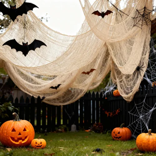 Vista 6 de Qtisky Juego de 5 telas de gasa espeluznante de Halloween, tapiz de gasa de Halloween beige para interiores y exteriores, decoraciones espeluznantes