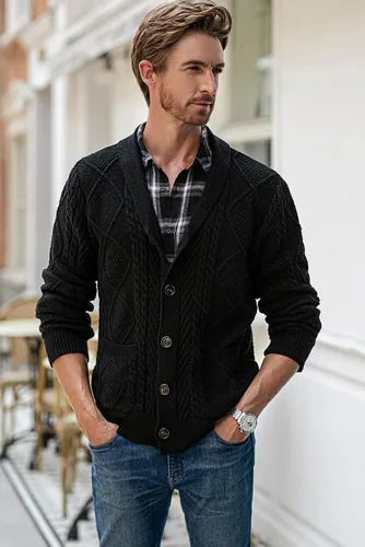 Vista 9 de JMIERR Suéter casual de manga larga con cuello de chal y botones para hombre con bolsillos