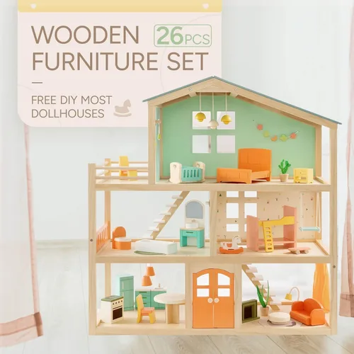 Vista 6 de Juego de muebles de casa de muñecas de madera gigante de 26 piezas Kitchen, Living Room, Bedroom, Bathroom, Babyroom, Candy Dollhouse Accessories