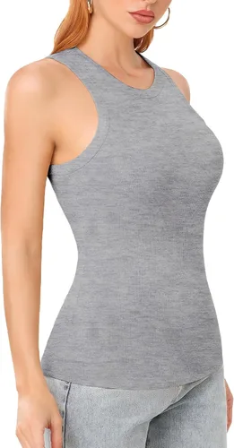 Vista 2 de SIMIYA Paquete de 2 camisetas sin mangas para mujer, acanaladas, sin mangas, espalda cruzada, básicas, de verano, cuello alto, blusas ajustadas