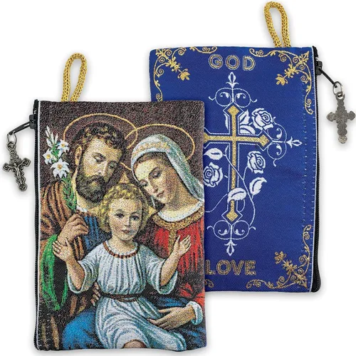 Vista 2 de TREE OF LIFE REV. 2214 Bolsa de rosario católico, Holy Family & God is Love, 4 x 6 pulgadas, joyería y monedero con cruz, pequeña bolsa de icono