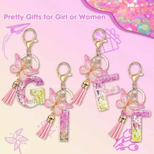Vista 3 de GIFTOXO Llaveros de letras para mujeres y niñas, llaveros para llaves de automóvil, accesorios lindos y rosados para mochila, cartera