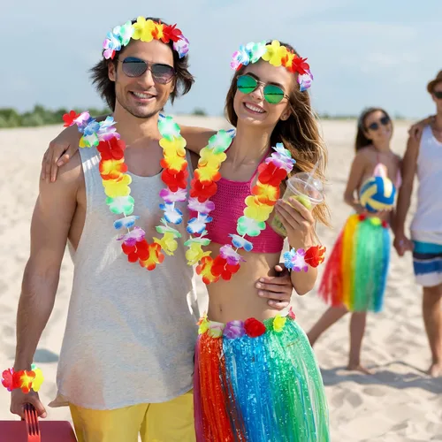 Vista 6 de Skylety 2 Sets 60 cm Luau Hula Grass Skirt with Pineapple Sunglasses Flower Accessories for Dance
