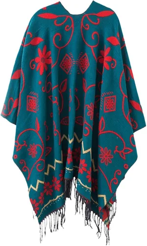 Vista 7 de Poncho con flecos, con estampado vintage, estilo retro, a la moda, para mujer. Capa, chal.