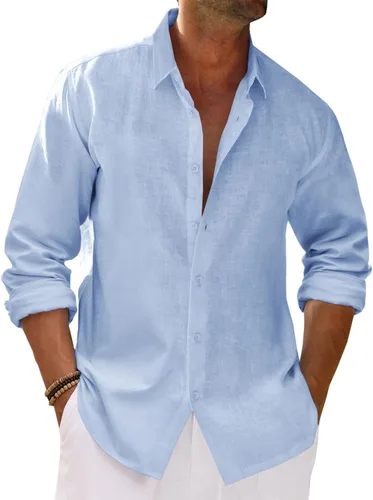 Vista 13 de Runcati Camisa de manga larga con botones para hombre, de algodón, lino, casual, con cuello, hippie, para la playa