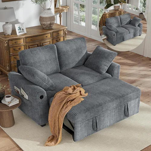 Vista 28 de Hanherry - Sofá seccional con sofá cama extraíble, sofá cama de chenilla con 2 asientos de almacenamiento y carga USB, cómodos sofás modulares