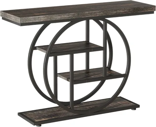 Vista 9 de Tribesigns Mesa de Consola de 41.3", Mesa Industrial de 4 Niveles para Sofá Mesa de Entrada con Base Circular, Mesas de Acento de Madera Estrechas