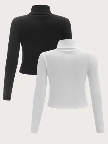Vista 2 de Floerns 2 piezas de cuello alto y manga larga de punto acanalado para mujer