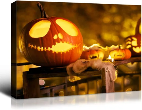 Vista 38 de Denozer - Decoración de pared de calabaza de Halloween, pósteres de regalo, decoración del hogar, arte de pared, imágenes en lienzo HD, estiradas